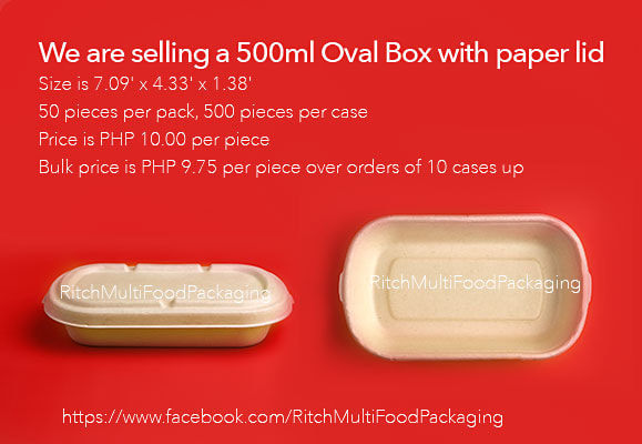 500 ml sugarcane food packaging box, front and top view with description of the FOR SALE offer, bulk order mentioned.